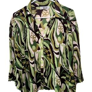 E K Designs Psychedelic Print Button Up Shirt Women's Size Large Sheer